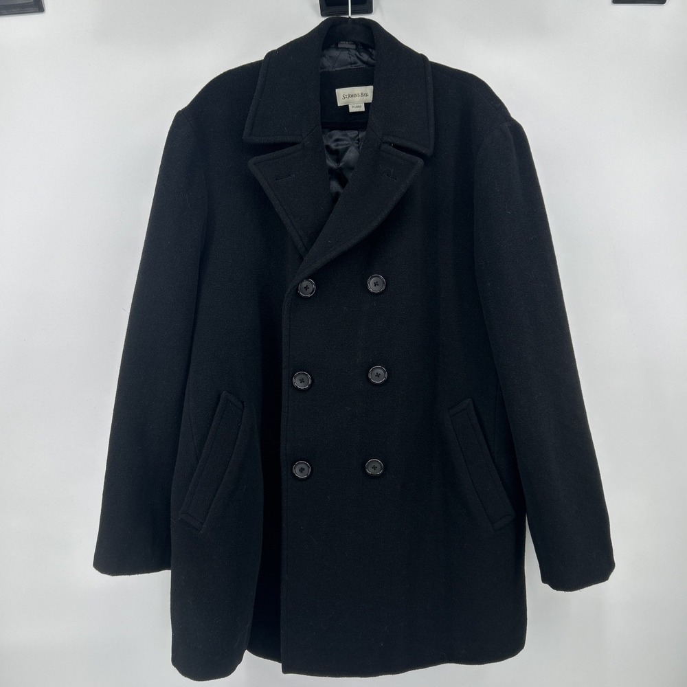 St. John's Bay Men's XL Black Wool Blend Double Breasted Pea Coat Jacket Classic